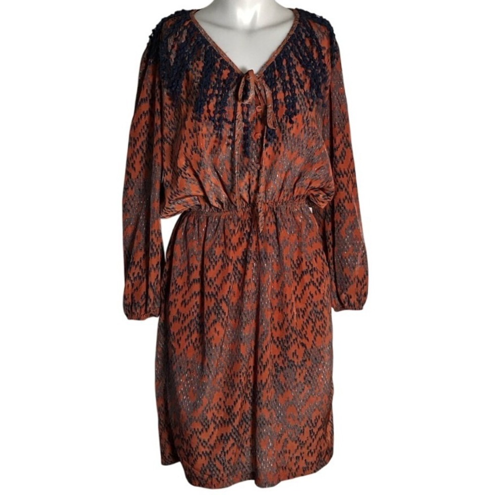 HAZEL ORANGE & BLUE PRINT LONG SLEEVE DRESS